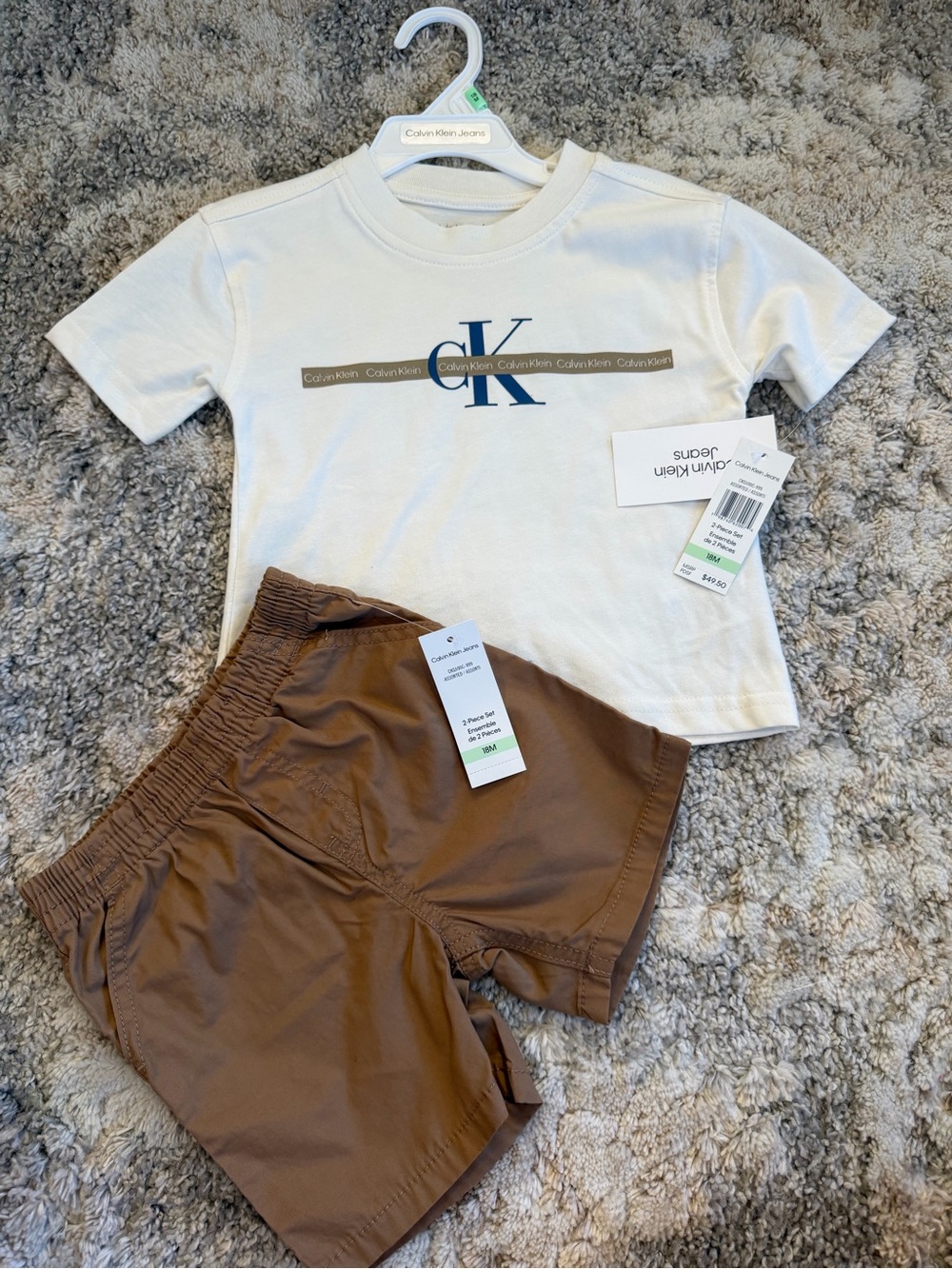 Calvin Klein Kids Cream Tee with Navy Logo & Tan Shorts